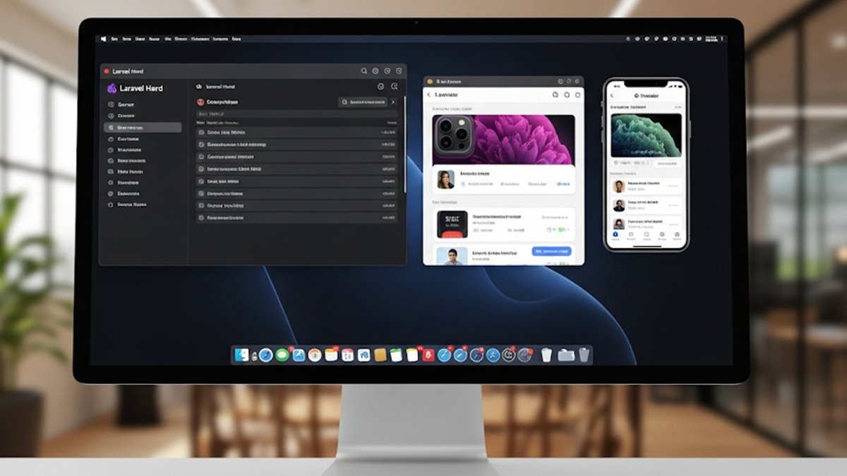 Mac desktop showing the iOS Simulator running a Laravel Herd app in Safari