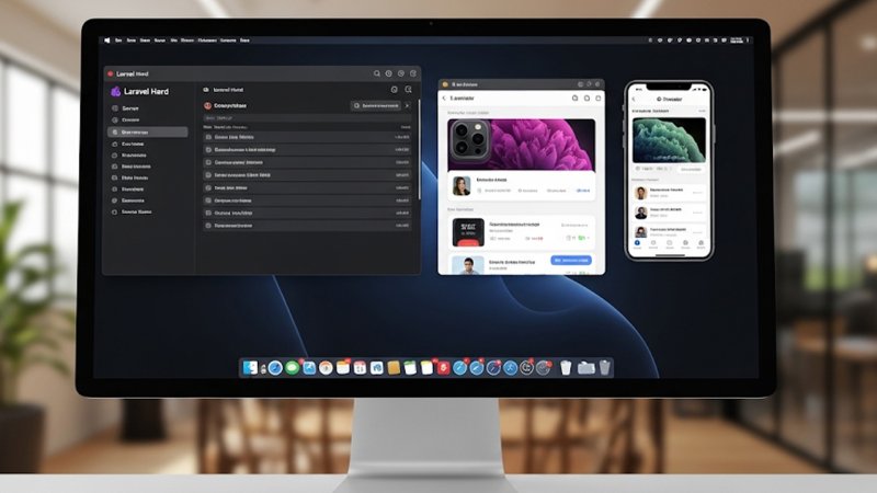 Mac desktop showing the iOS Simulator running a Laravel Herd app in Safari