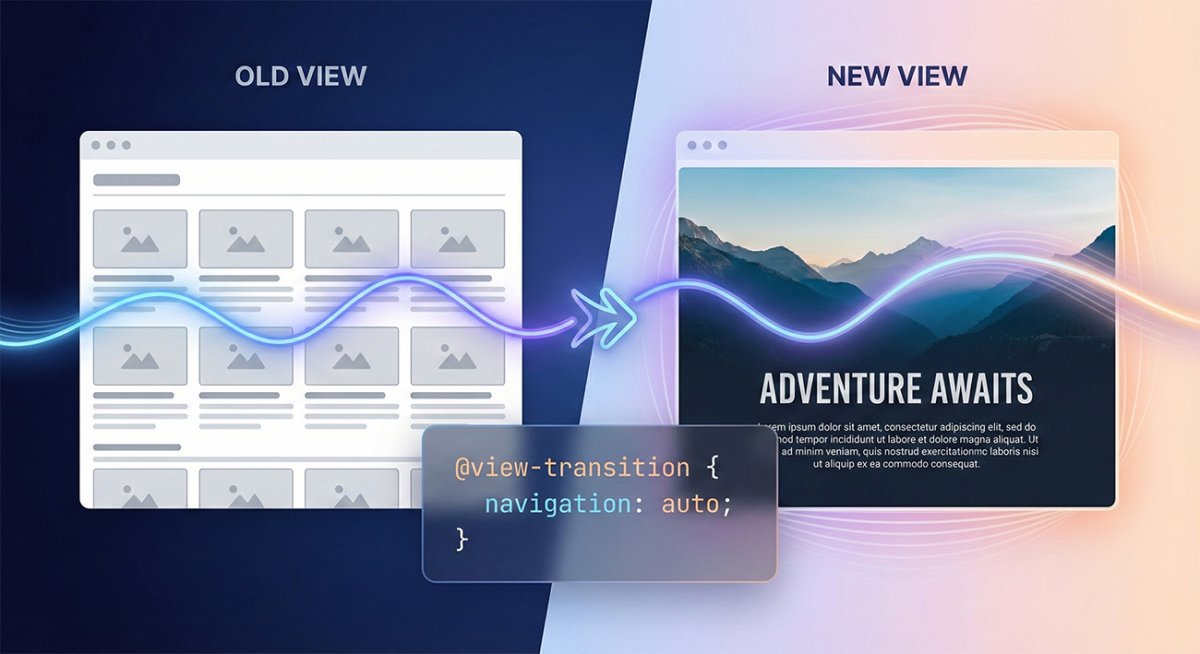 Code snippet demonstrating smooth page transitions using the CSS @view-transition API
