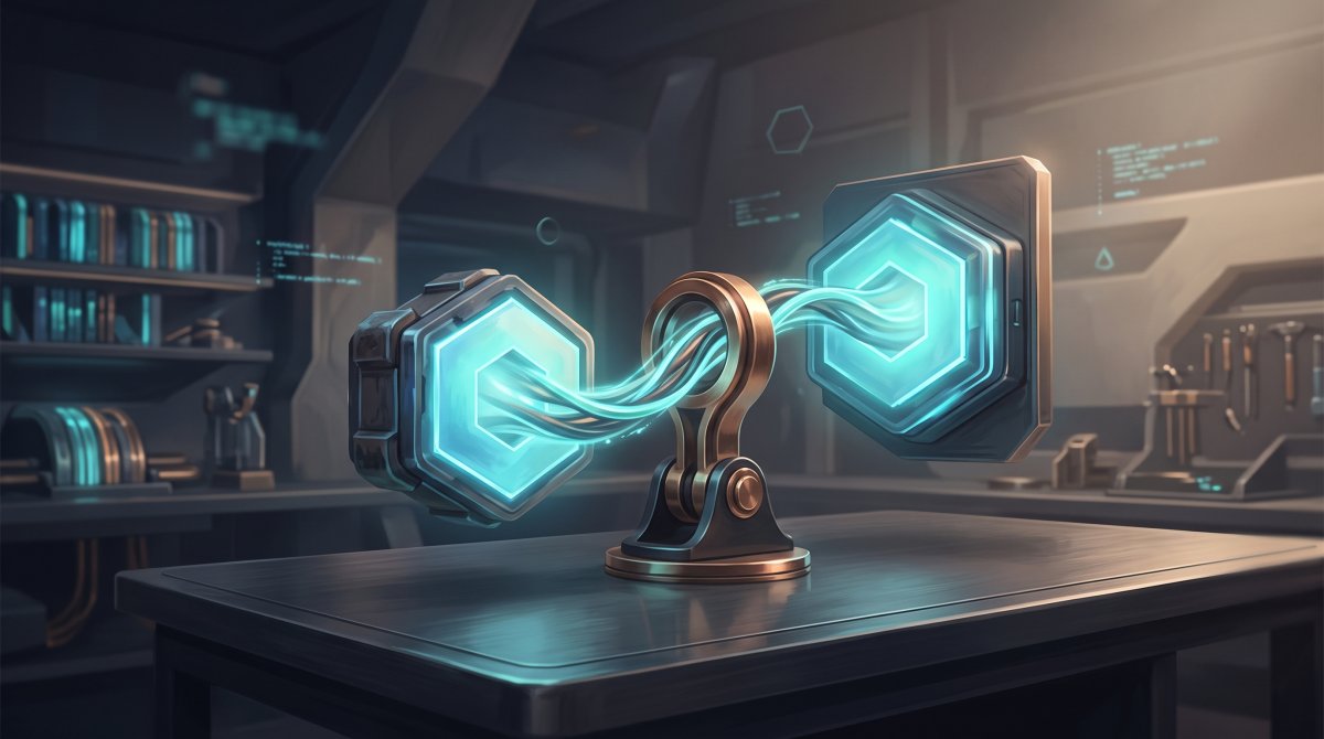 Futuristic device linking two glowing package modules, symbolizing composer-link local development