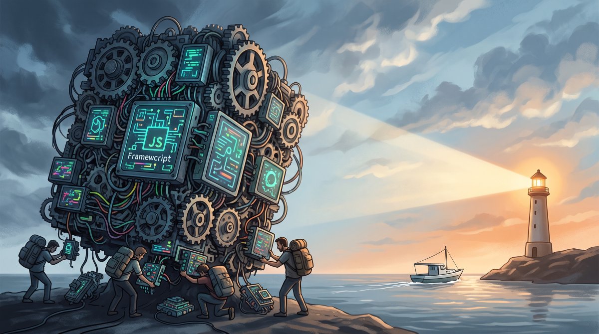 Developer comparing heavy JavaScript frameworks with a lightweight Laravel and Livewire stack on a laptop screen