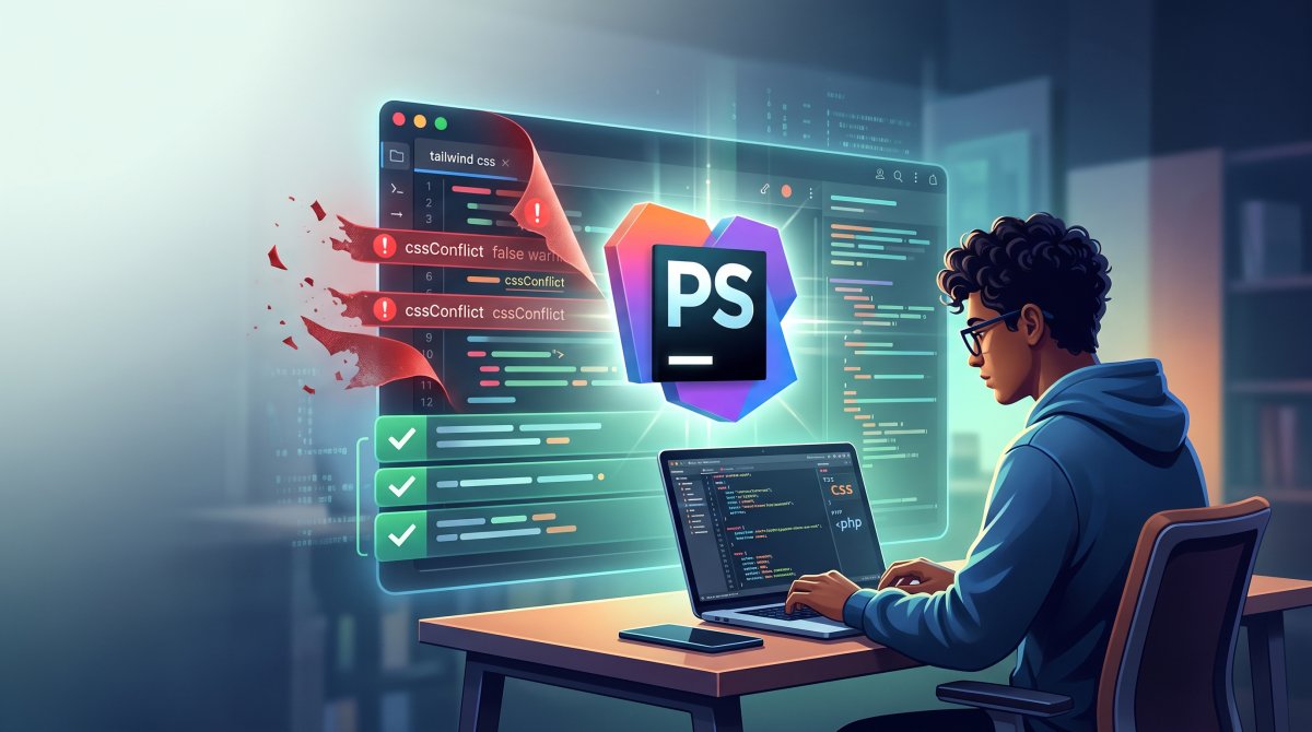 Developer using PhpStorm with Tailwind CSS code and false cssConflict warnings displayed on screen